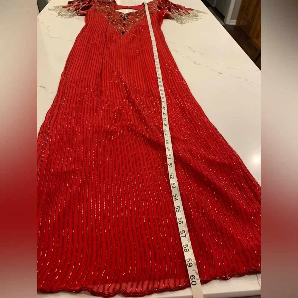Vintage Red Silk Beaded Gown Intricate Platinum Fringe Short Sleeve Size 14. - Picture 5 of 16